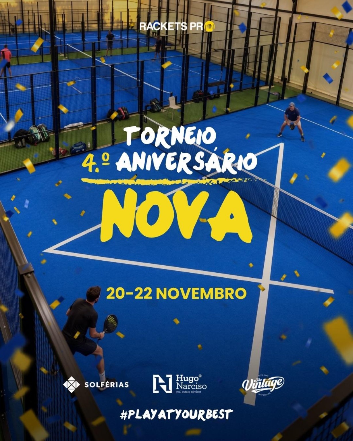 Cartaz oficial do 4.º aniversário da Nova, 20 a 22 de novembro, com os patrocinadores Solférias, Hugo Narciso e The Vintage Vans.